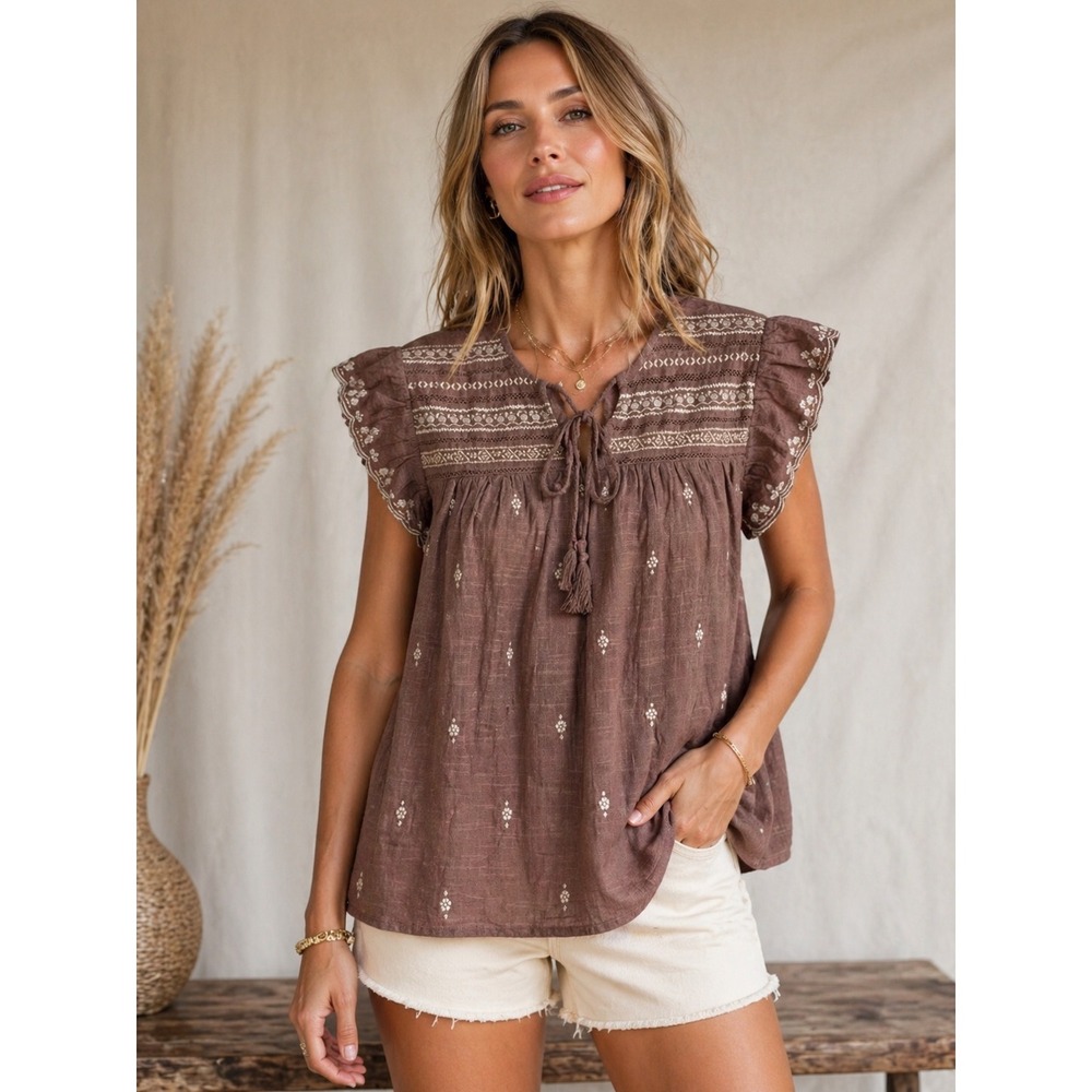 LIV LOS ANGELES Embroidered Tassel Tie Gauze Boho Tunic Top 1X‎